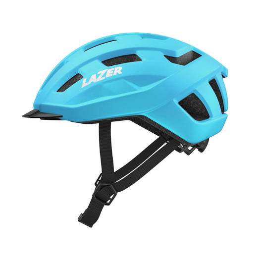 right side view of a clipped blue lazer helmet on a white background