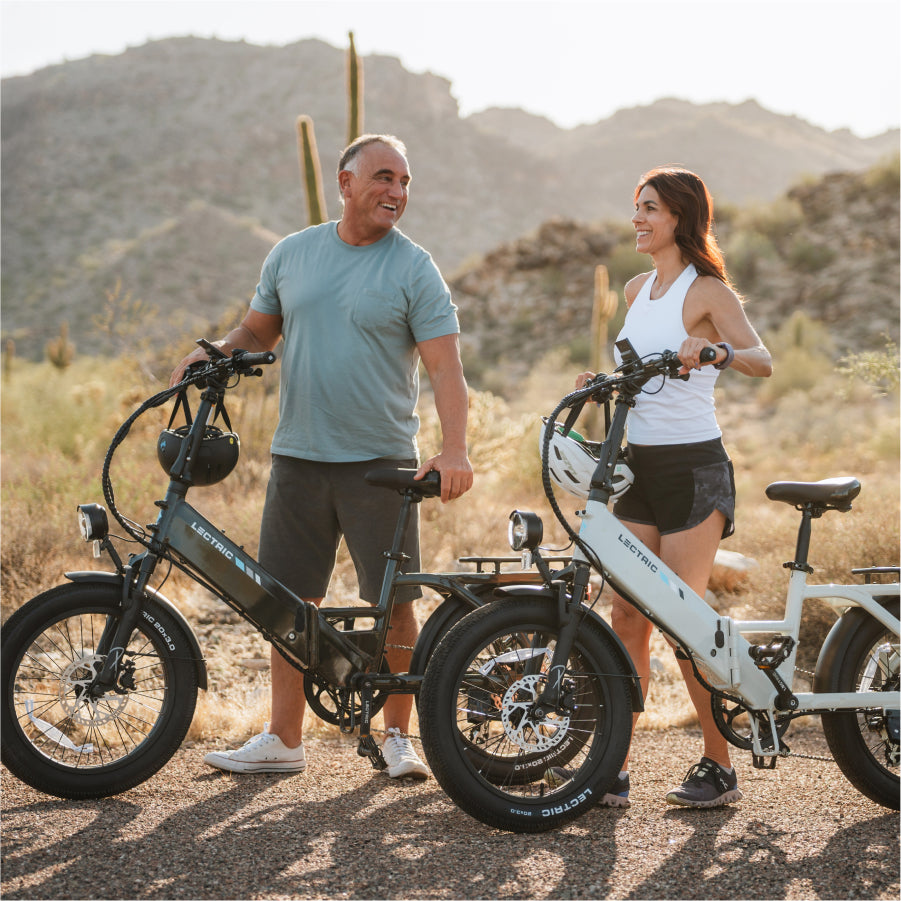 Folding electric bike being ridden outdoors