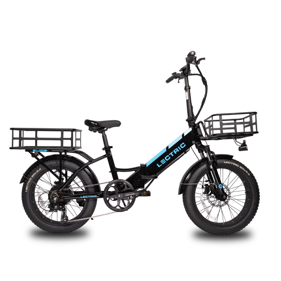 Lectric ebike Blakc Step-Thru with cargo baskets installed 
