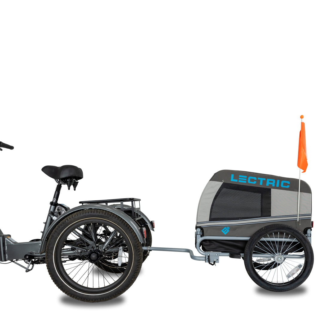 Lectric XP Trike with wag-along attached to the back with the Trike hitch and tow bar