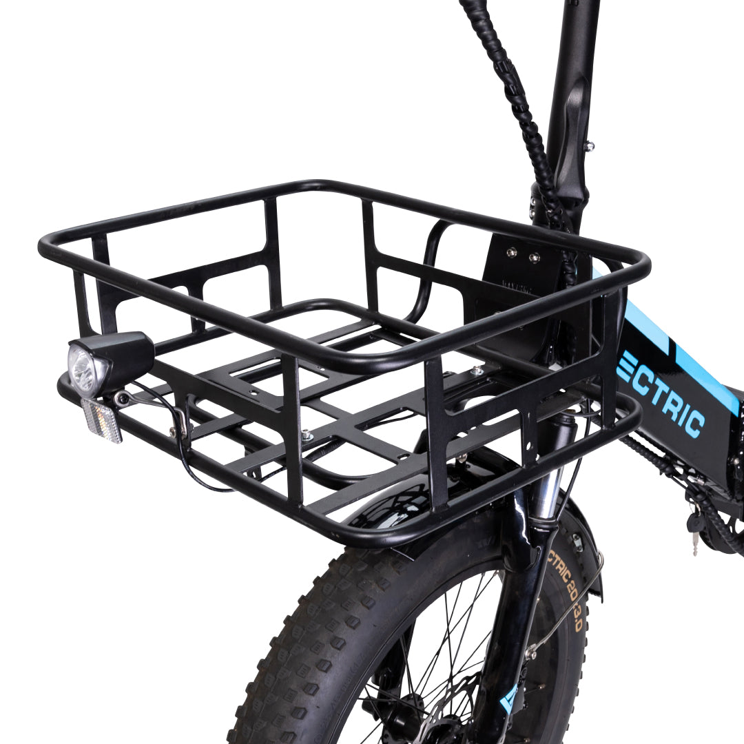 Large basket mounted on front rack on Lectric XP 3.0 eBike