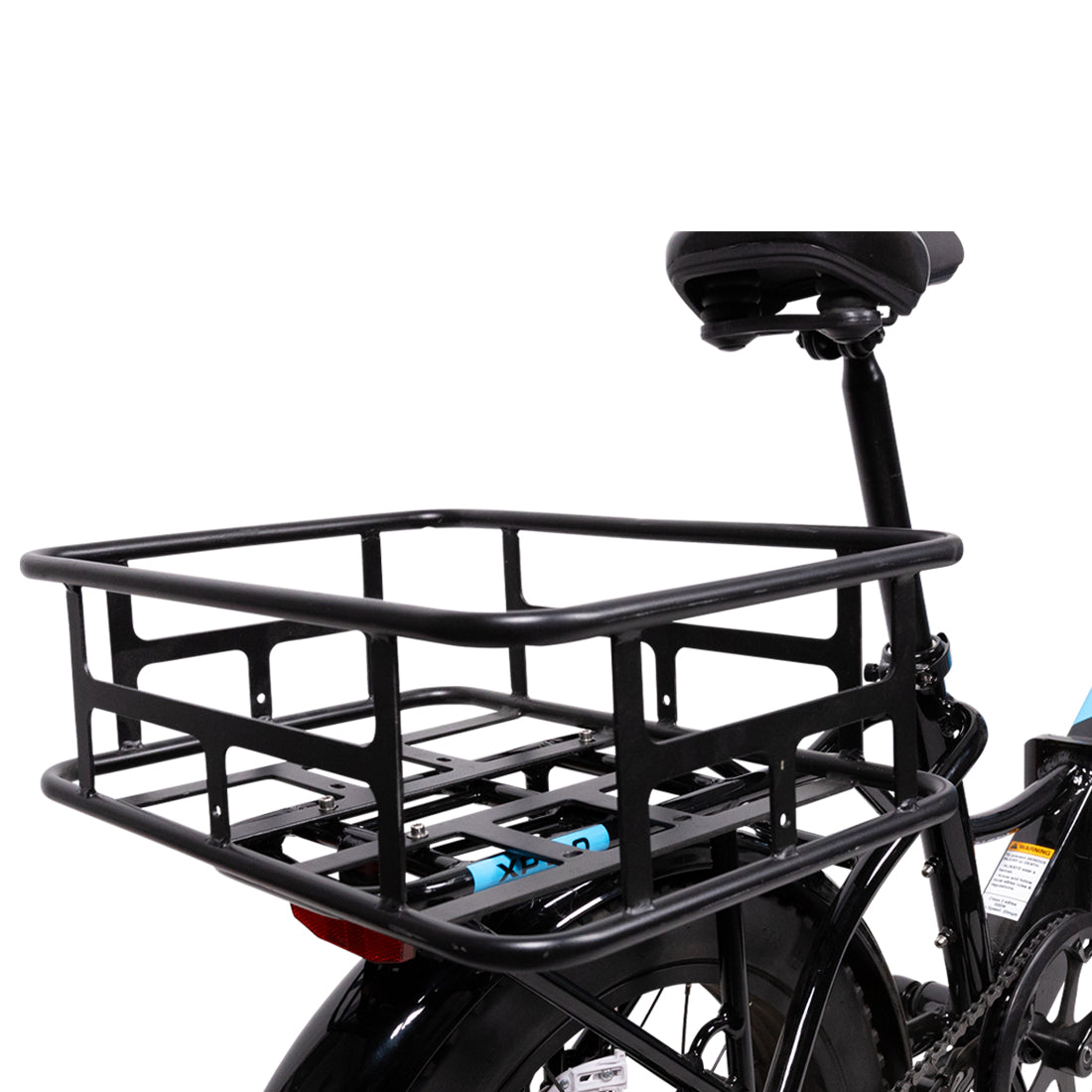 Large basket mounted to the rear rack of a Lectric XP 3.0 ebike