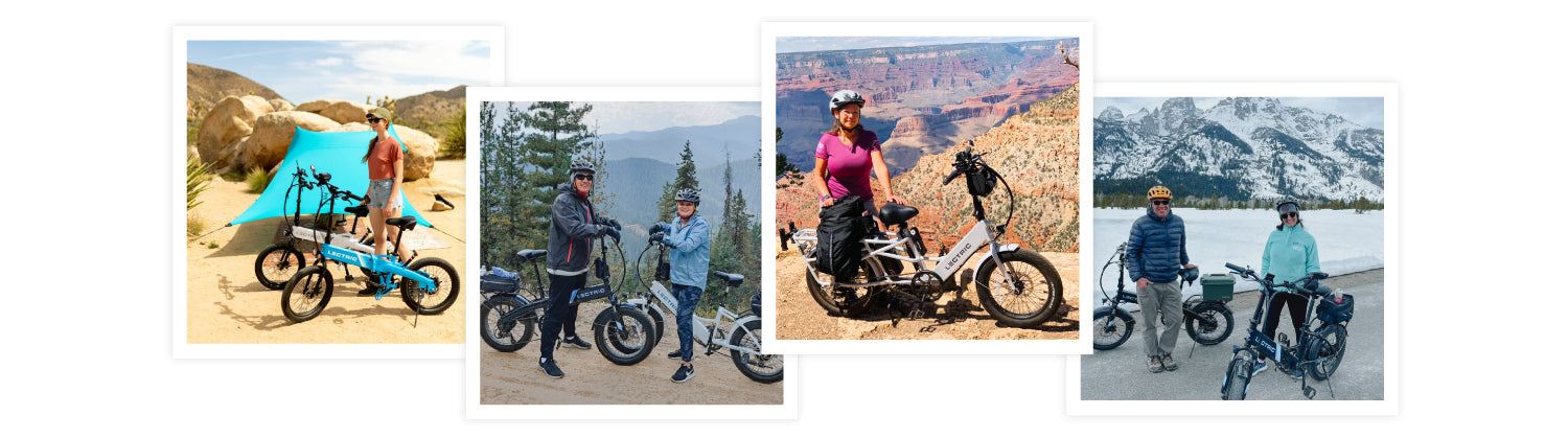 lectric ebikes riders in the desert, in the snow, and at the grand canyon