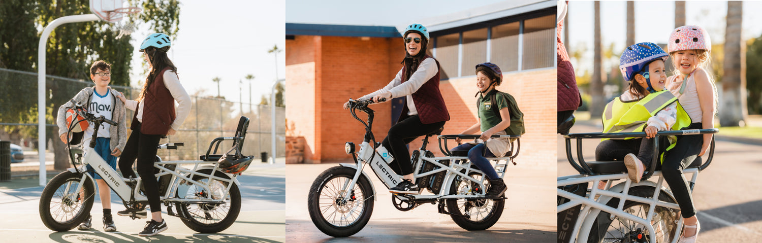 3 snapshots of Lectric Xpedition with plus one seat and orbitor for mom and kids