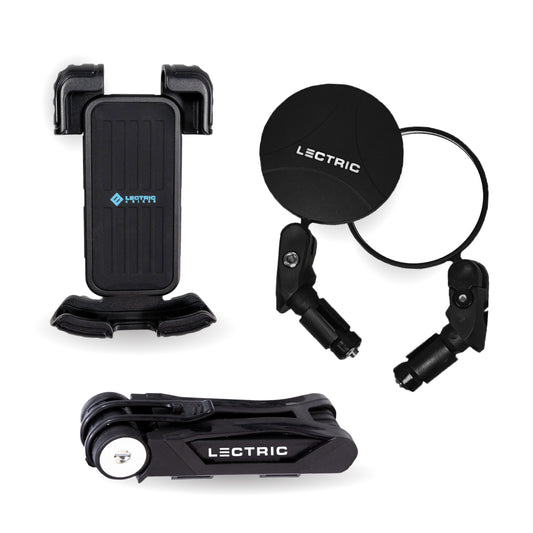 lectric ebikes mirrors and bike lock and phone mount