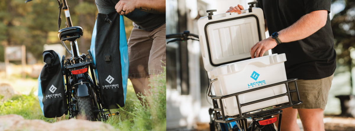 Man reaching inside waterproof pannier bags in a park, beside 2nd image of man reaching inside of a hard cooler that sits inside rear basket