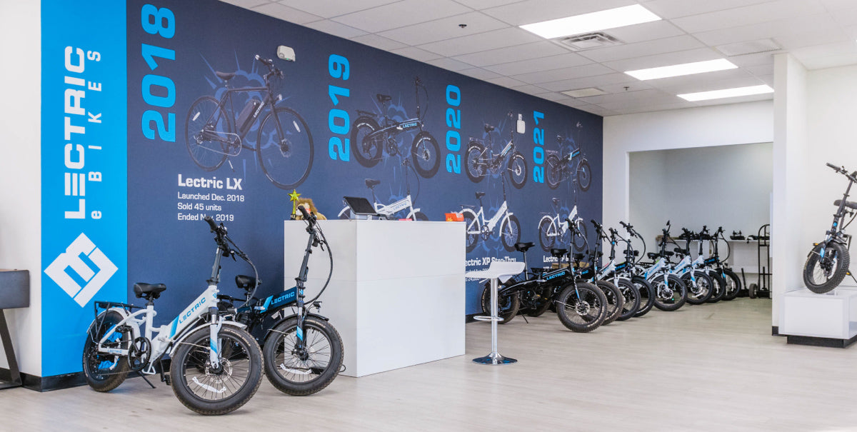 SHOWROOM PHOTO OF EMPTY DESK AND EBIKES ON THE FLOOR