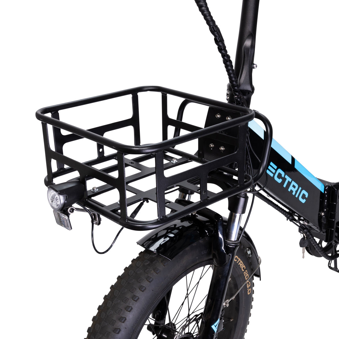 Small basket mounted on front rack on Lectric XP 3.0 eBike