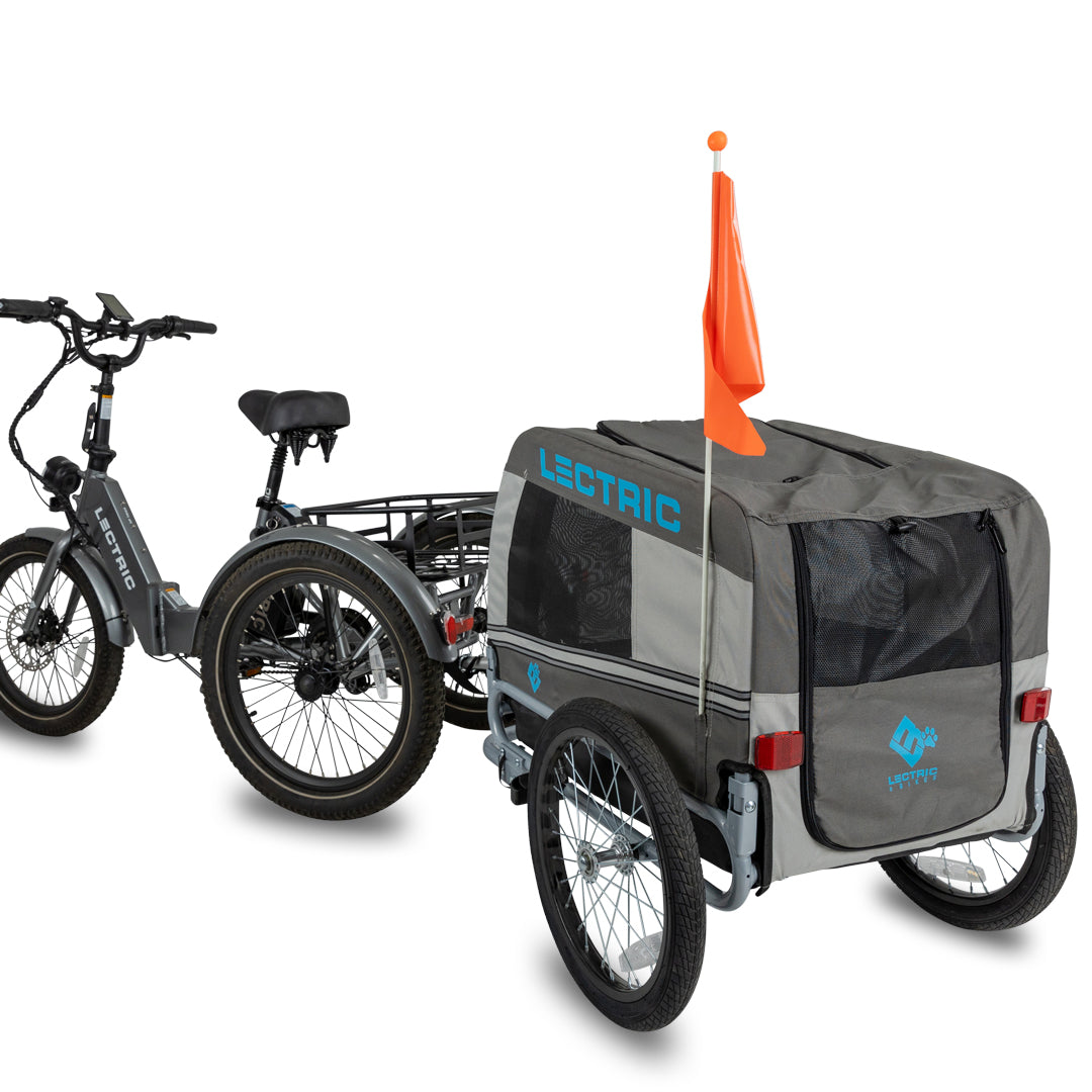 Lectric XP Trike with wag-along attached to the back with the Trike hitch