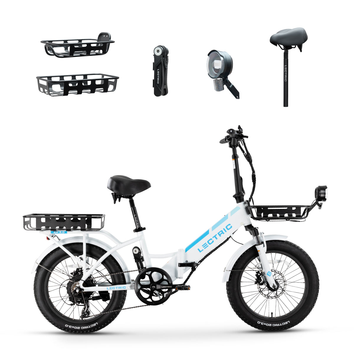 XP Step-Thru 3.0 White Long-Range + FREE Cargo Baskets, Comfort Seat, Suspension Seat Post, Elite Headlight, Bike Lock ($454 Value)