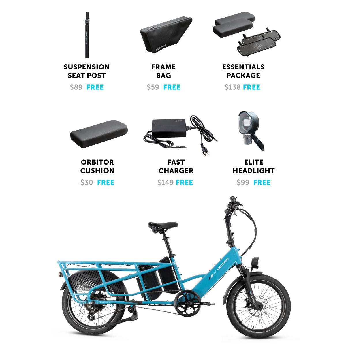 XPedition 2.0 Raindrop Blue Long-Range Dual-Battery + FREE Running Boards, Cushions, Elite Headlight, Suspension Seat Post, Fast Charger, & Bag ($534 Value)