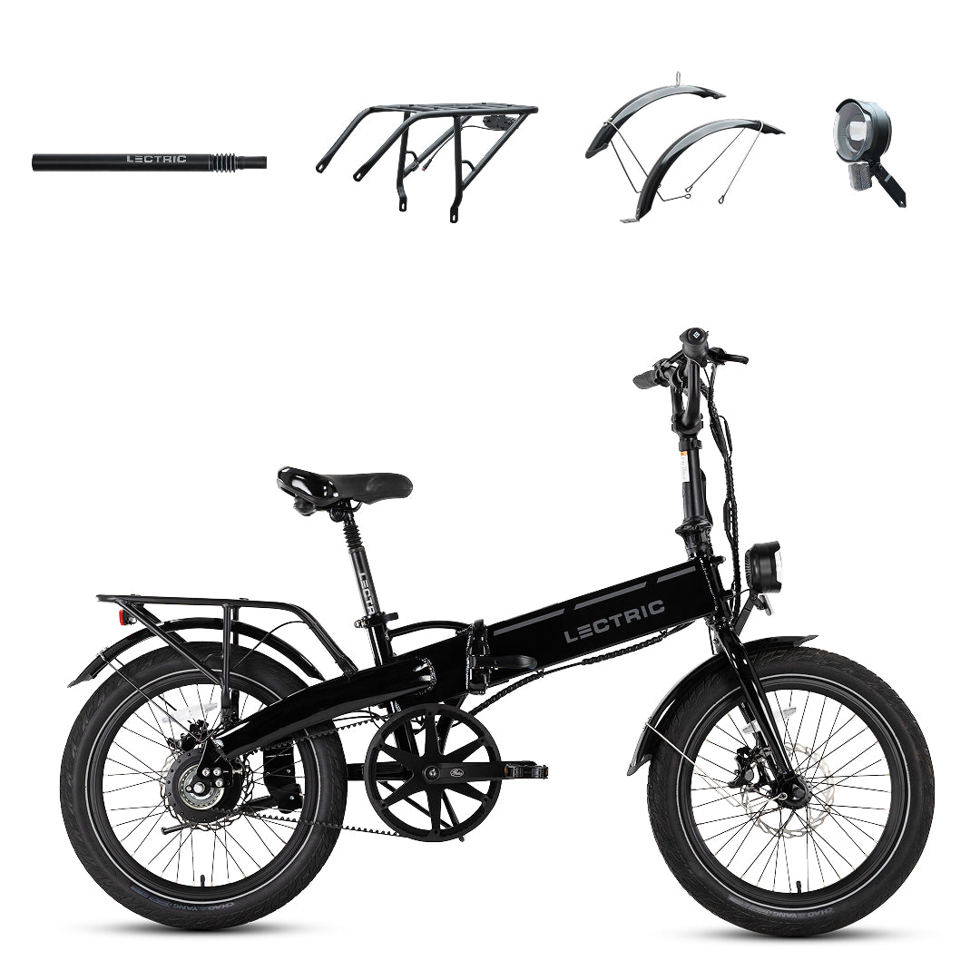 Black electric bike with additional parts on a white background