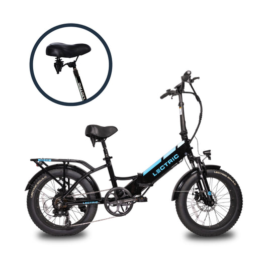 Black fat tire folding electric bike with a comfort package circled 