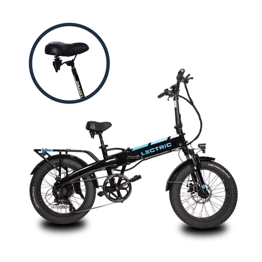 Black step over electric bicycle with a comfort package circled