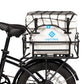Cargo net covering hard cooler on electric bike rear rack