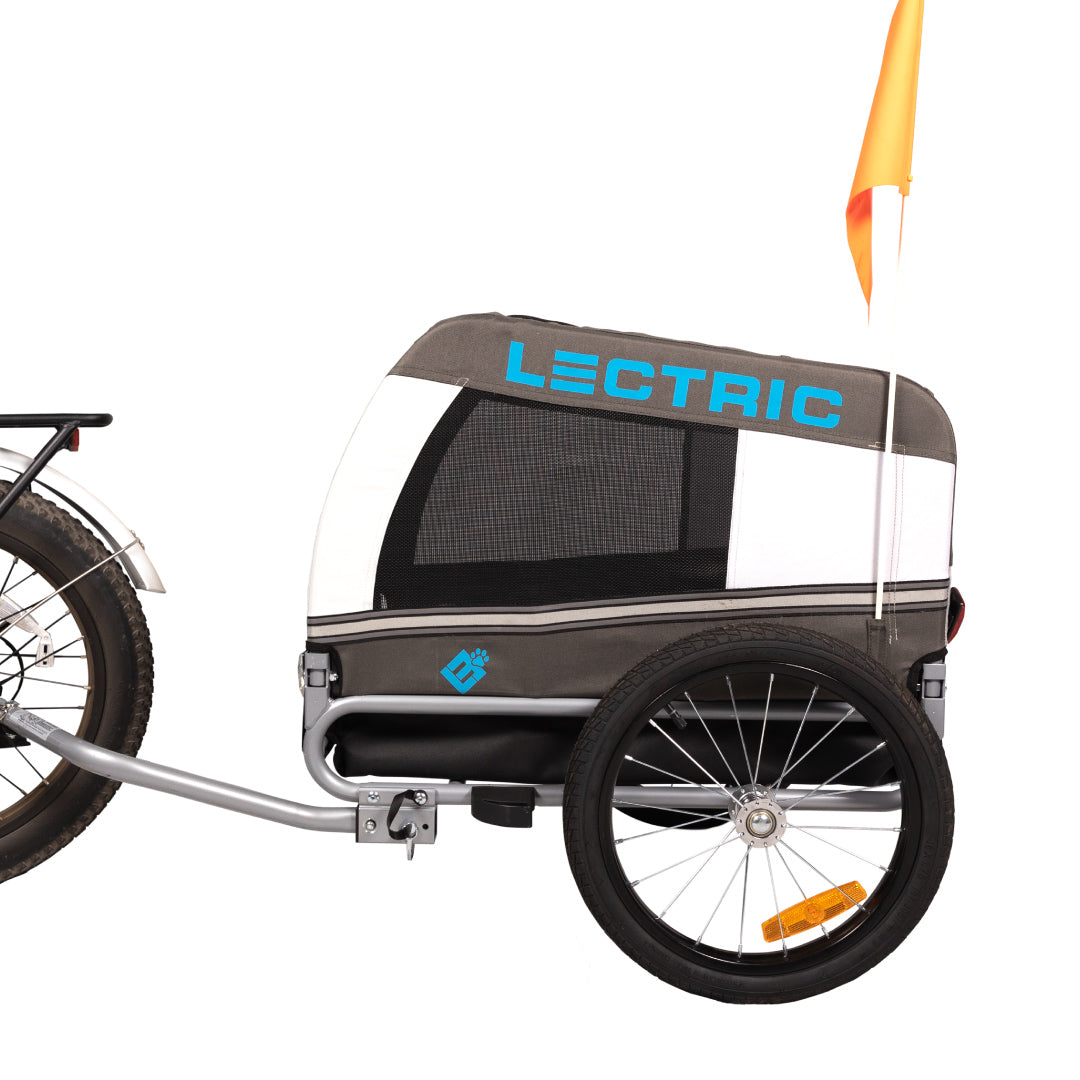 wag-along pet trailer attached to back of eBike