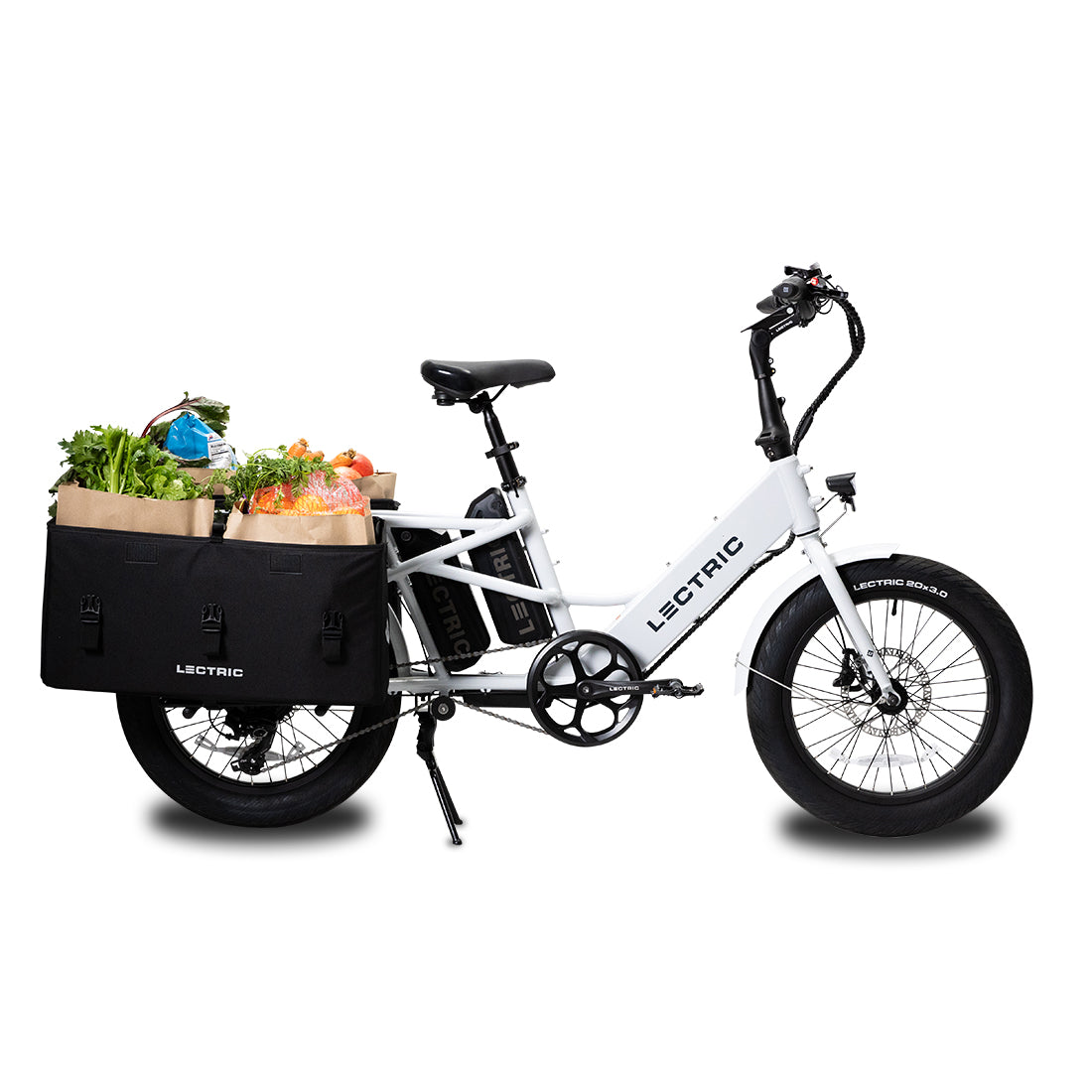 Lectric XPedition ebike with XL cargo pannier mounted with groceries
