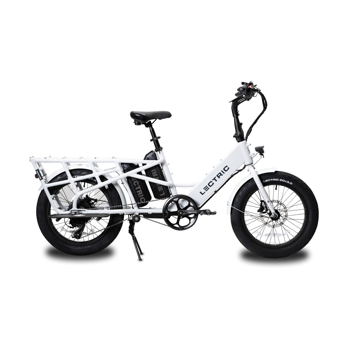 Dual-battery Lectric XPedition cargo ebike with running boards attached