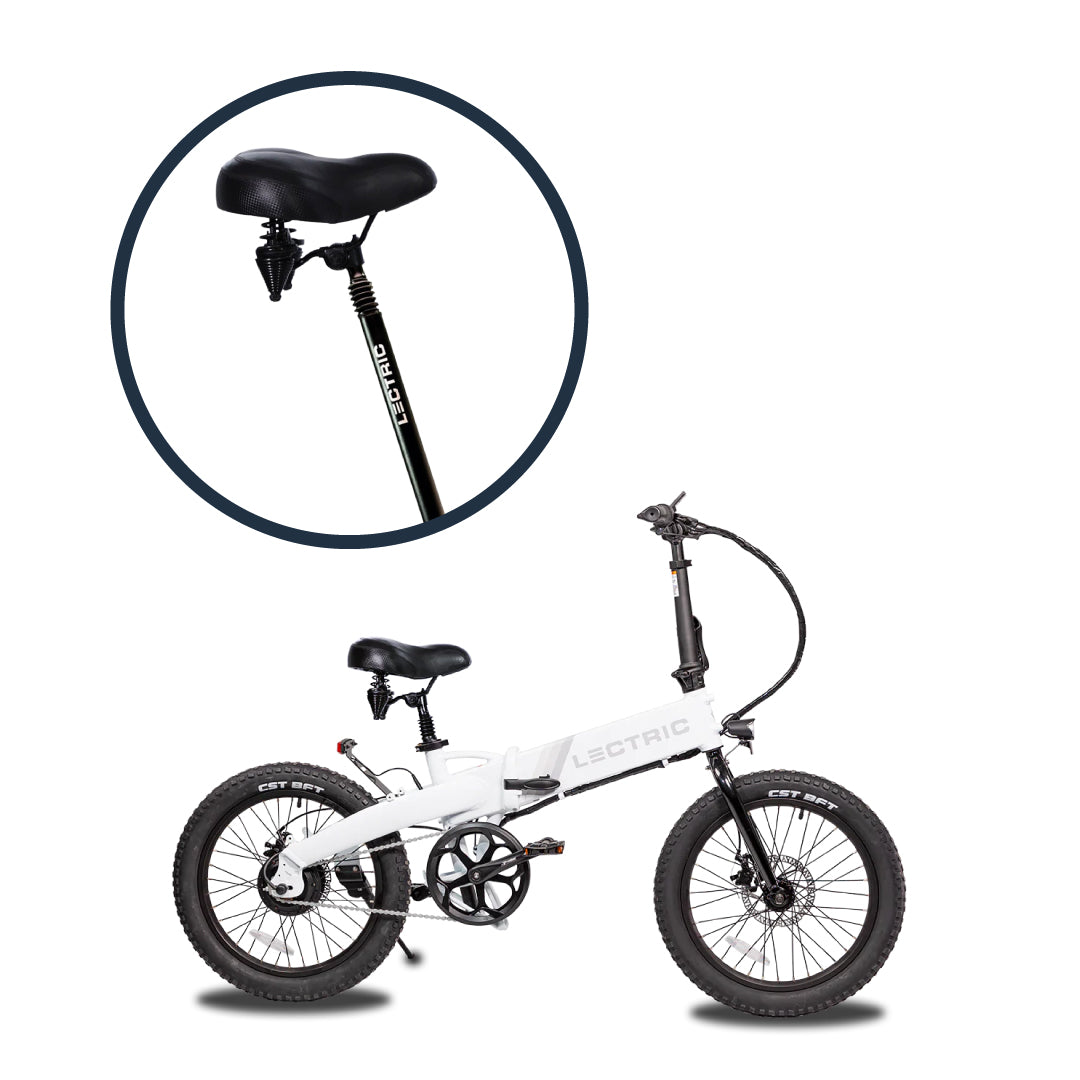 Lectric XP Lite Arctic White eBike with a comfort package (giant seat and suspension seat post) upgrade installed on bike