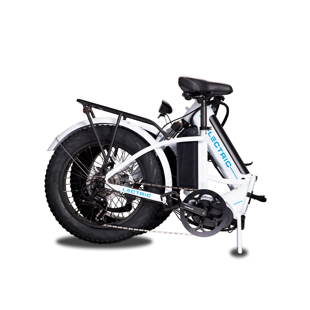 Driveside view of folded down white XPremium Lectric e-bike