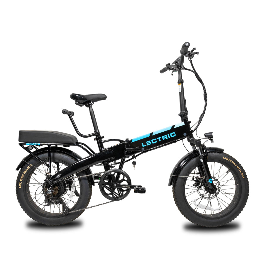 XP Black eBike with a passenger seat on rear rack and a passenger handlebar on the seat post