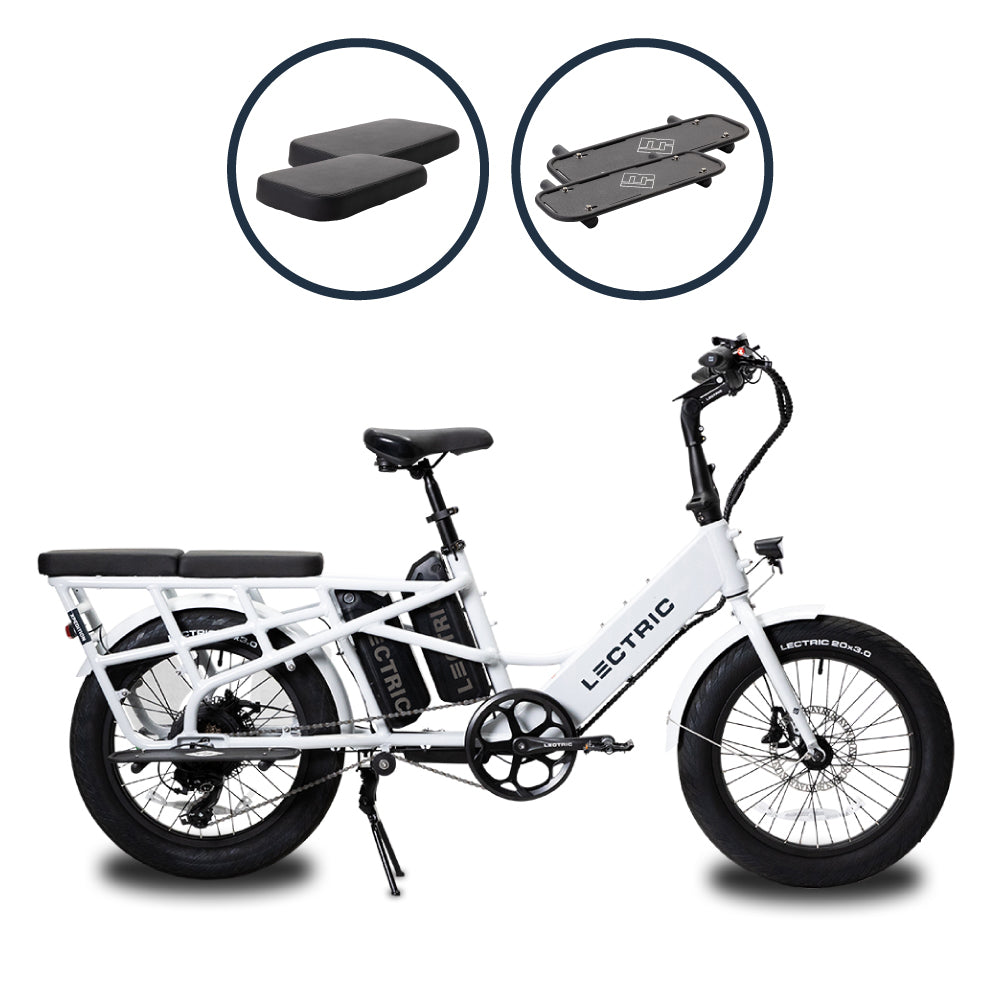 Dual battery Lectric XPedition cargo ebike with essentials bundle including cushions and running boards