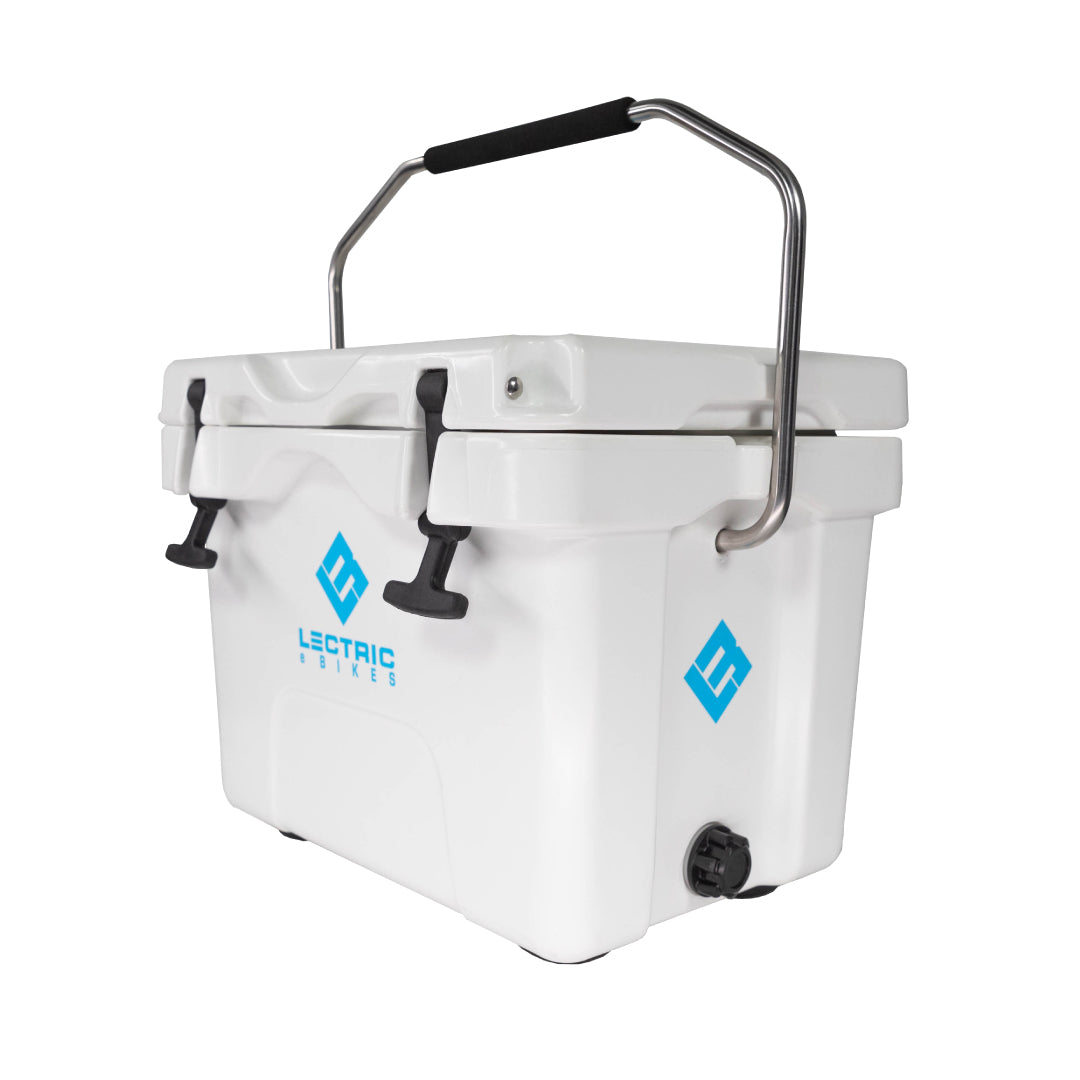 Lectric Hard Cooler closed and handle with cushion is facing upwards