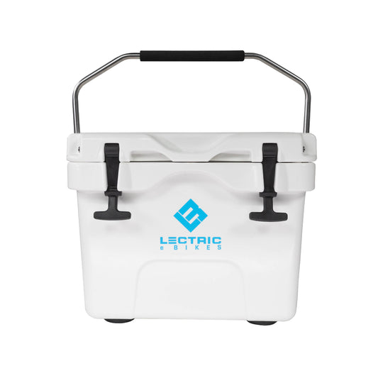 Front view of Lectric Hard Cooler closed with handle facing upwards 