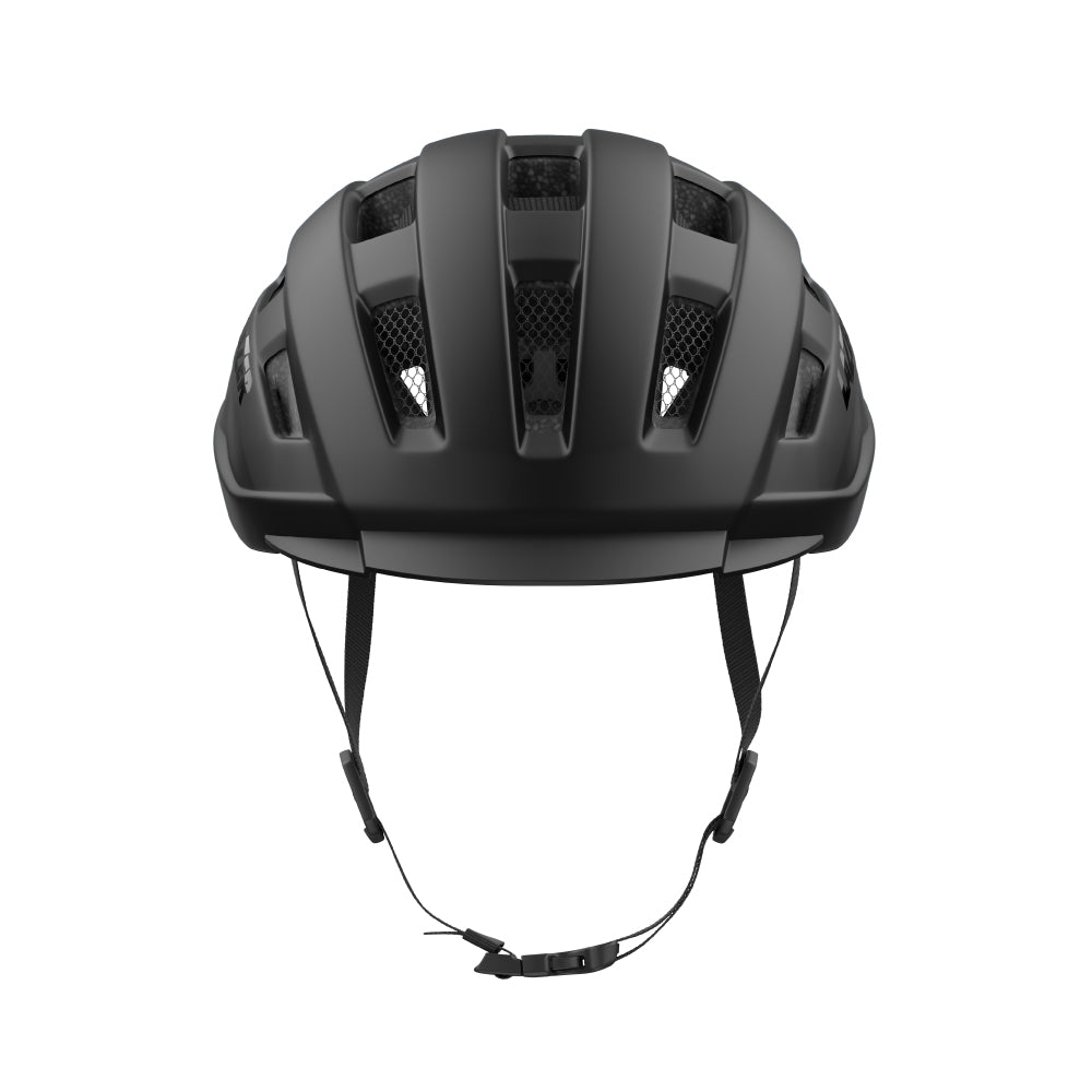 front view of a clipped black lazer helmet on a white background