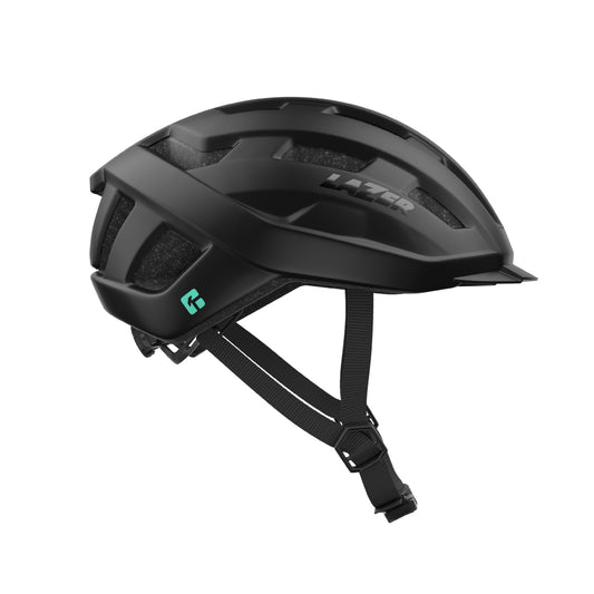 right side view of a black lazer helmet on a white background