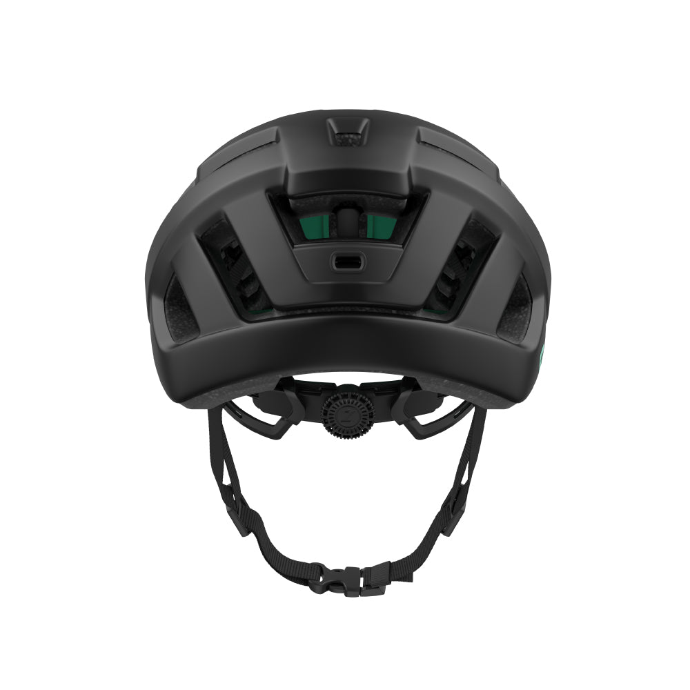 back view of a black lazer helmet on a white background 
