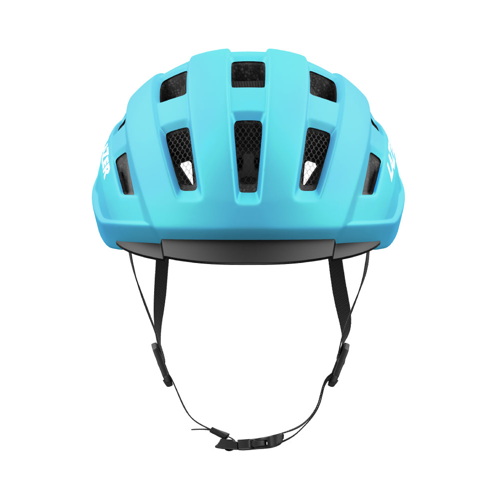 front view of a clipped blue lazer helmet on a white background 