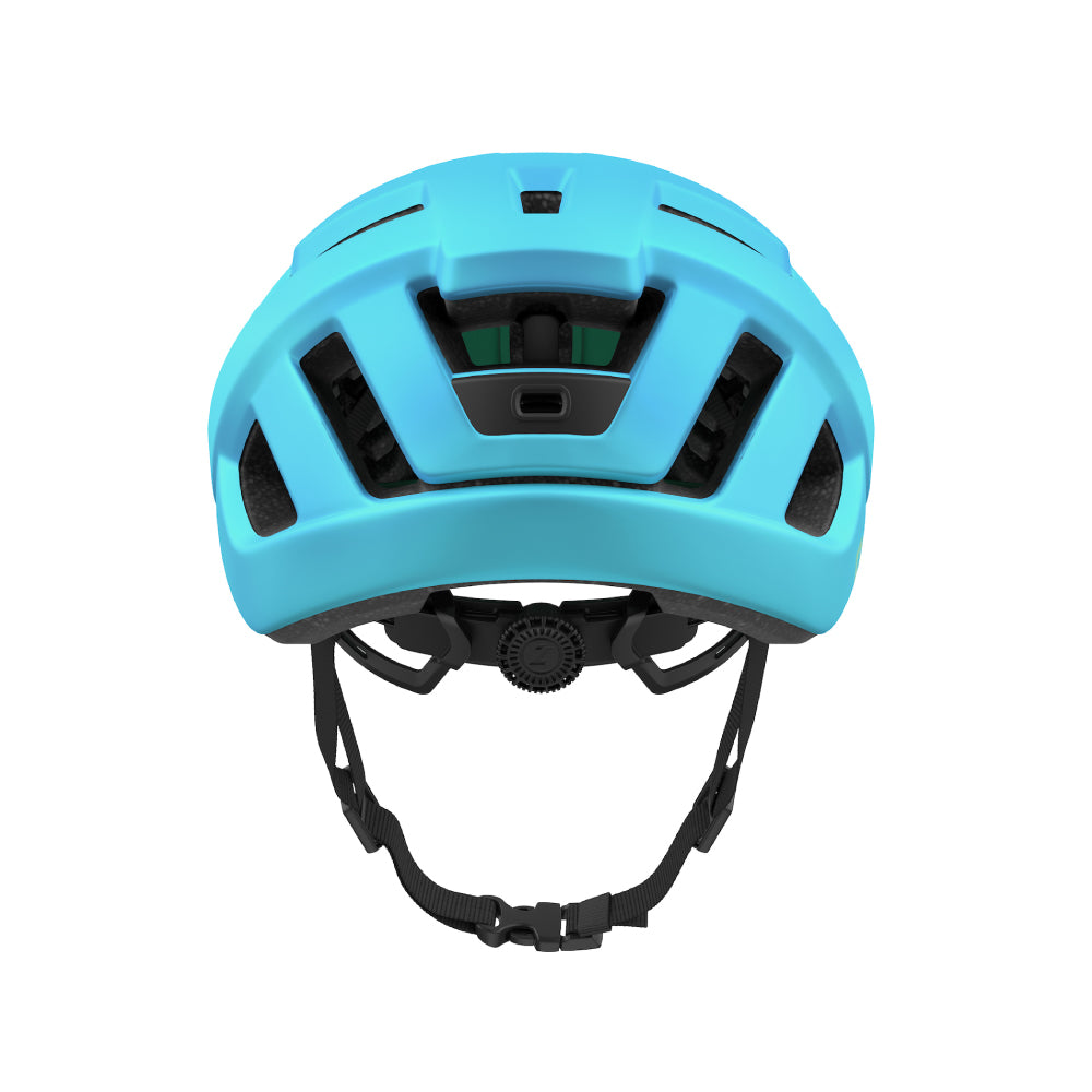 back view of a blue lazer helmet that is clipped and is on a white background