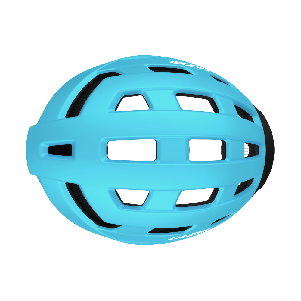 top view of a blue lazer helmet that is facing right on a white background