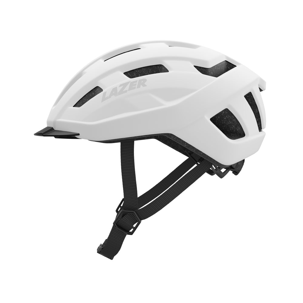 left side view of white lazer helmet on a white background