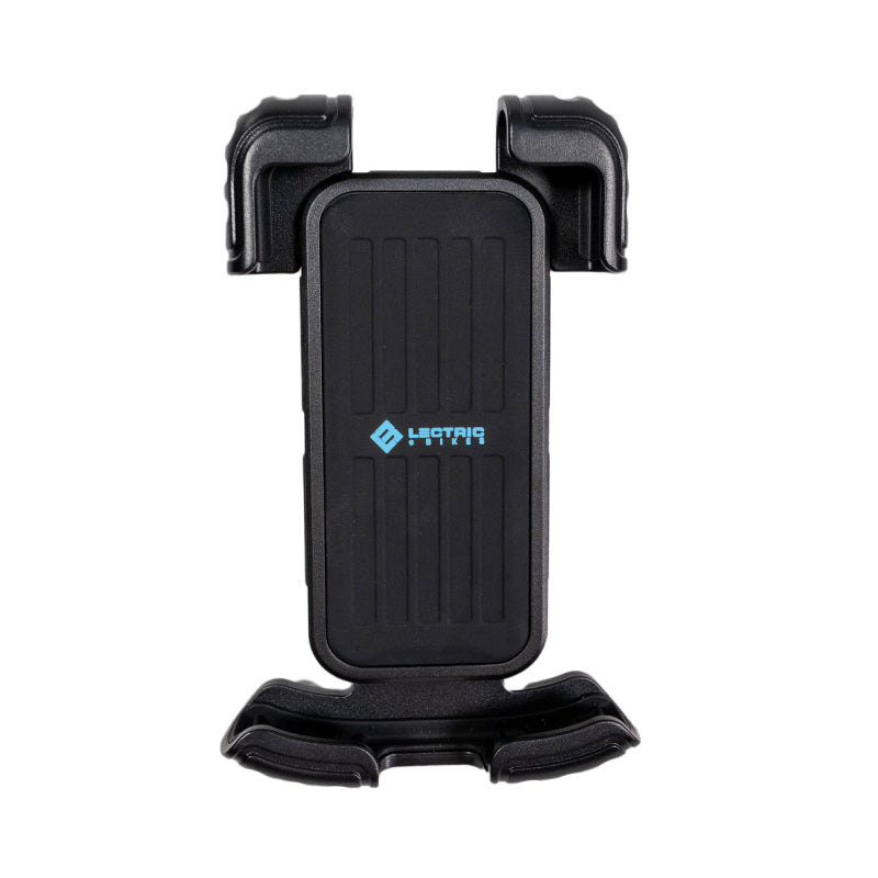 straight on view of black phone mount with plastic clips and rubber backing with lectric logo on a white background 