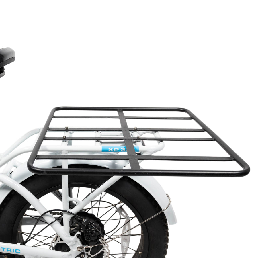 a side view of the Lectric large platform accessory installed onto the rear rack of a white ebike
