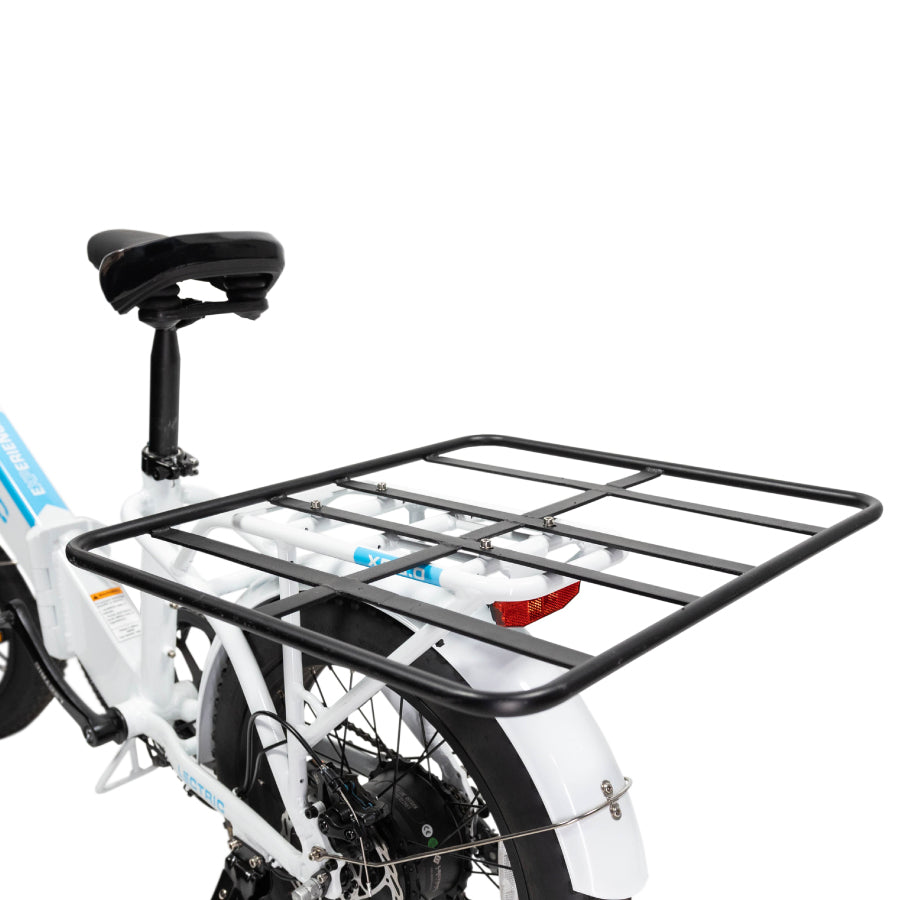 large platform accessory is installed onto the rear rack of an XP 3.0 eBike