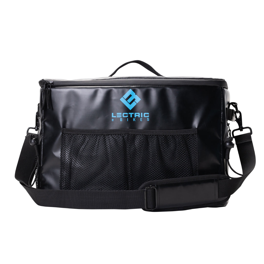 lectric soft cooler front with logo and pocket and strap